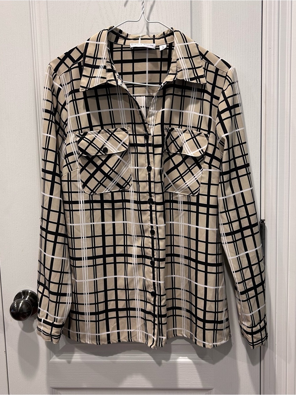 Rebecca Malone Taupe/Black Plaid Pocket Front Long Sleeve Semi Sheer Blouse SM